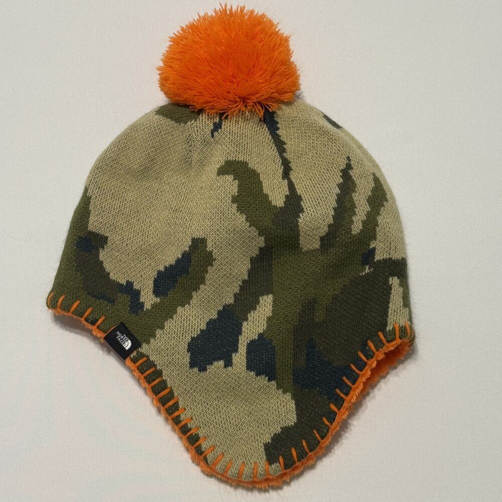North Face Camo And Orange Fleece Cozy Pom Beanie Hat Baby EUC 4T